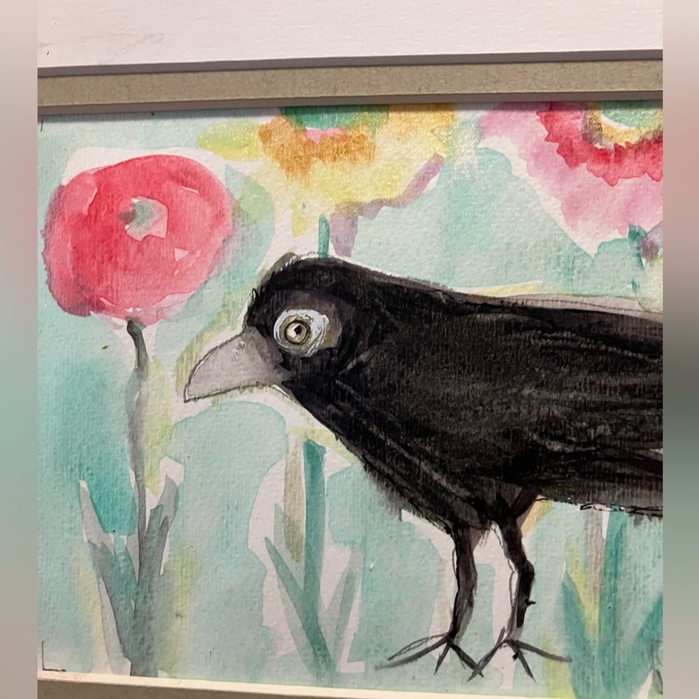 Garden Crow”An Original Watercolor /Mixed Media Painting Matted 5"x7" - Picture 10 of 11